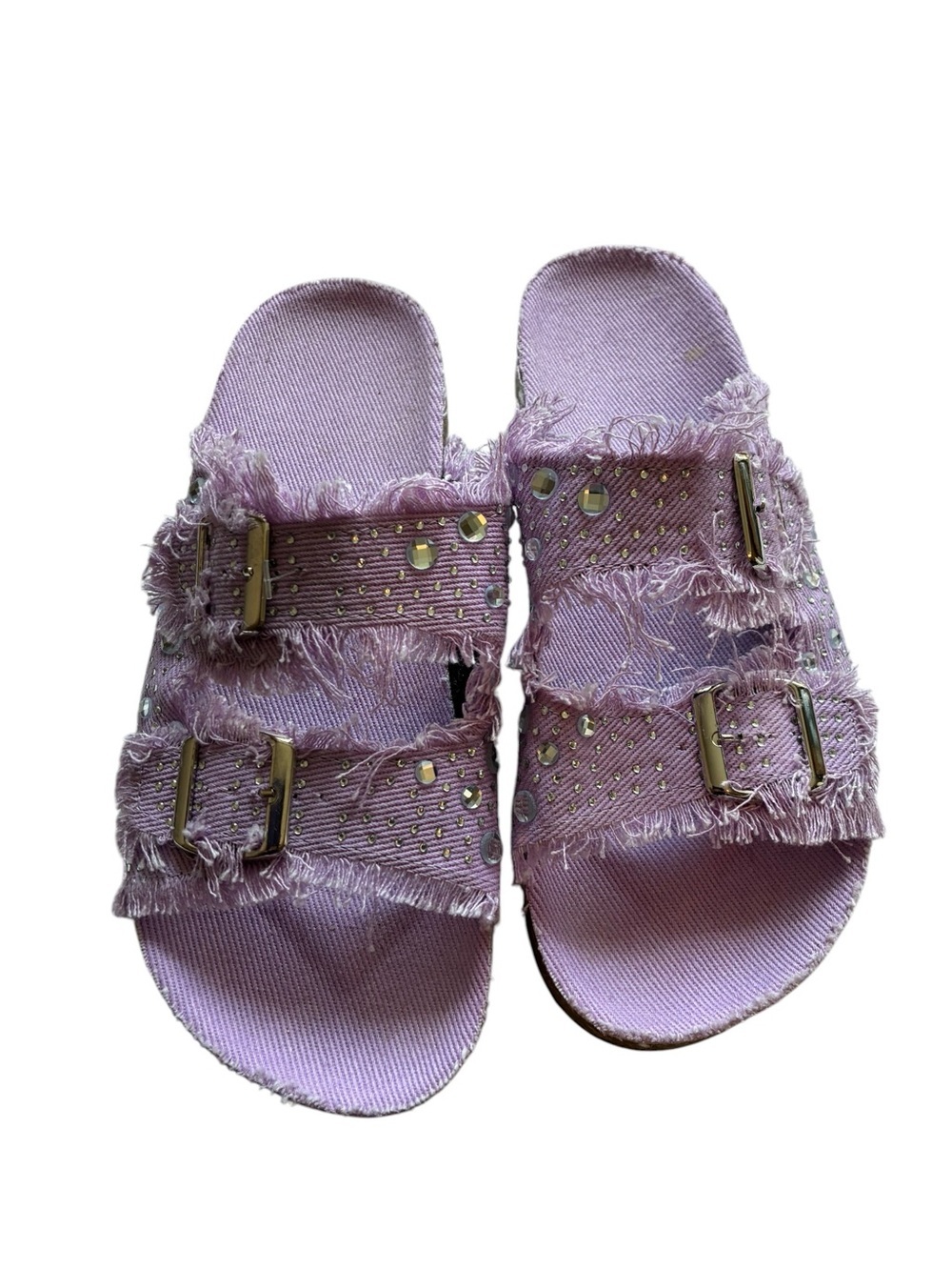 Lavender Frayed Double-Buckle Slide Sandals